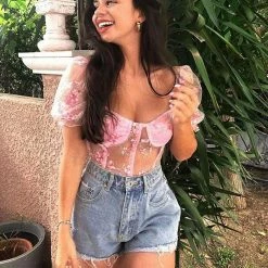 Kinky Cloth Embroidered Floral Mesh Crop Top Top & Tees