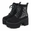 Kinky Cloth Embroidered Suede Chunky Heels Boots Punk