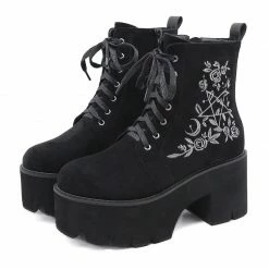 Kinky Cloth Embroidered Suede Chunky Heels Boots Punk