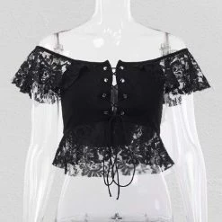 Kinky Cloth Eyelet Lace Off Shoulder Crop Top Goth 9 Kinky Cloth Eyelet Lace Off Shoulder Crop Top Goth