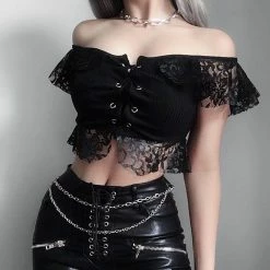 Kinky Cloth Eyelet Lace Off Shoulder Crop Top Goth