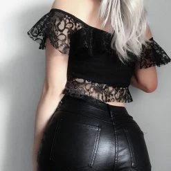 Kinky Cloth Eyelet Lace Off Shoulder Crop Top Goth