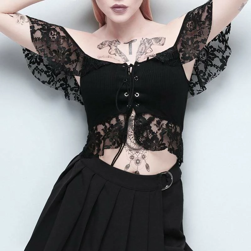 Kinky Cloth Eyelet Lace Off Shoulder Crop Top Goth 4 Kinky Cloth Eyelet Lace Off Shoulder Crop Top Goth