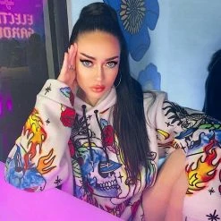 Kinky Cloth Flame Skull Print Gothic Oversized Hoodies