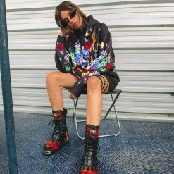 Kinky Cloth Flame Skull Print Gothic Oversized Hoodies
