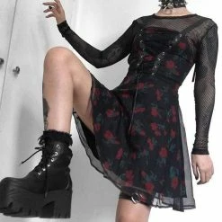Kinky Cloth Goth Floral Lace Up Black Dress