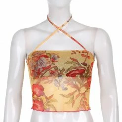 Kinky Cloth Floral Sheer Mesh Halter Top Top & Tees