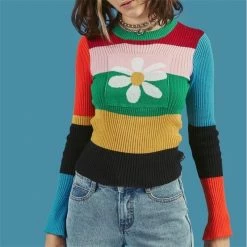 Kinky Cloth Top & Tees Flower Print Striped Rainbow Knitted Sweater