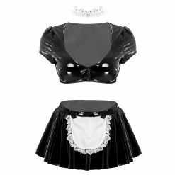 Kinky Cloth Cosplay French Maid Dress Crop Top With Flared Mini Skirt