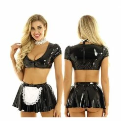 Kinky Cloth Cosplay French Maid Dress Crop Top With Flared Mini Skirt