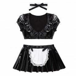 Kinky Cloth Cosplay French Maid Dress Crop Top With Flared Mini Skirt