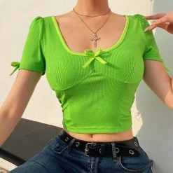 Kinky Cloth Top & Tees Green T-Shirt Bow Bodycon Crop Top