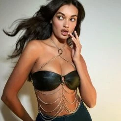 Kinky Cloth Halter Chain PU Leather Bra Top & Tees