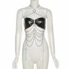 Kinky Cloth Halter Chain PU Leather Bra Top & Tees