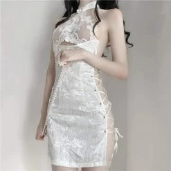 Kinky Cloth Hollow Lace Side Tie Cheongsam