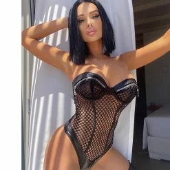 Kinky Cloth Sissy Hollow Out Fishnet Latex Bodysuit