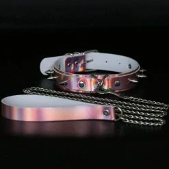 Kinky Cloth Holographic Spiked Collar And Leash BDSM
