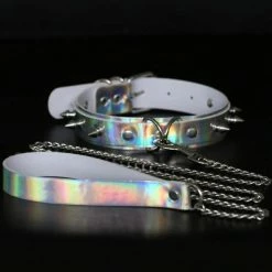 Kinky Cloth Holographic Spiked Collar And Leash BDSM