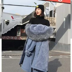 Kinky Cloth Hooded Fur Long Jacket