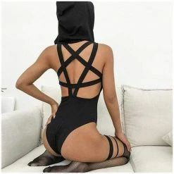 Kinky Cloth BDSM Hooded Pentagram Backless Bodysuit