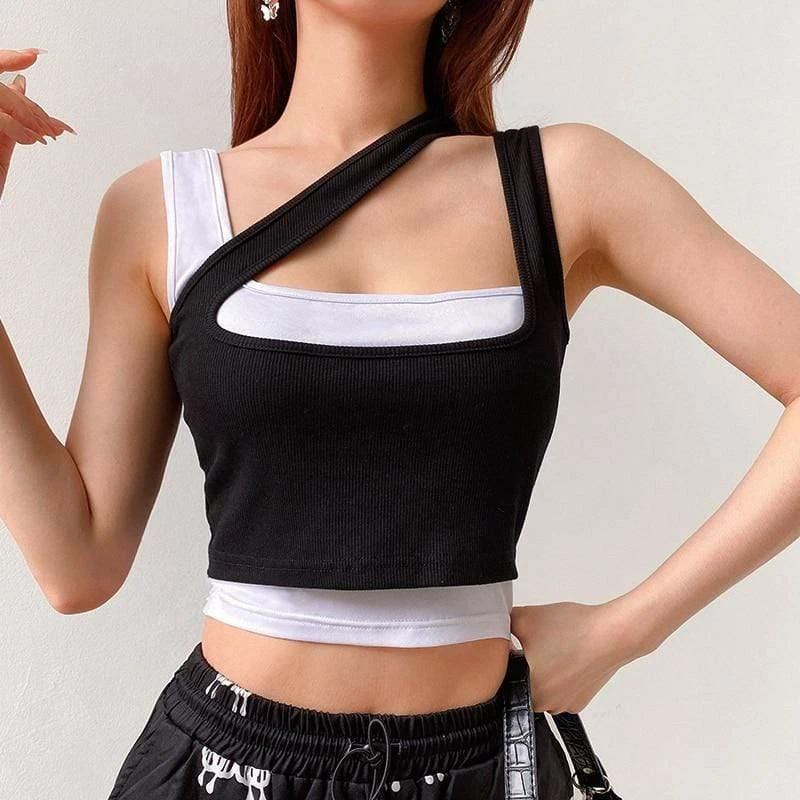 Kinky Cloth Irregular Hollow Shoulder Strap Crop Top 2 Kinky Cloth Irregular Hollow Shoulder Strap Crop Top