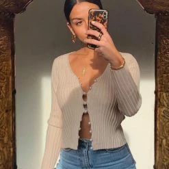 Kinky Cloth Khaki Cardigan With Pearl Buttons Top & Tees