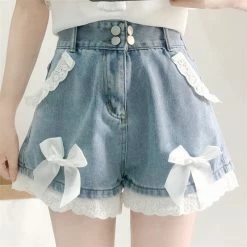 Kinky Cloth Cosplay Lace Hem Bow Denim Shorts