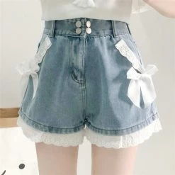 Kinky Cloth Cosplay Lace Hem Bow Denim Shorts