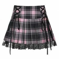 Kinky Cloth Lace-Up Pleated Lace Trim Skirts