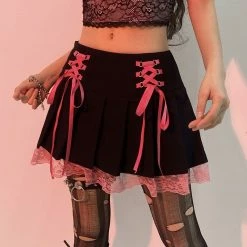 Kinky Cloth Lace-Up Pleated Lace Trim Skirts