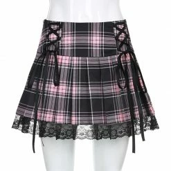 Kinky Cloth Lace-Up Pleated Lace Trim Skirts