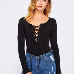 Spocket Onesies & Bodysuits Lace Up Ribbed Bodysuit
