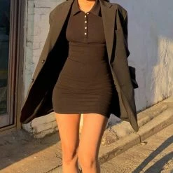 Kinky Cloth Dresses Lapel Long Sleeve Tee Bodycon