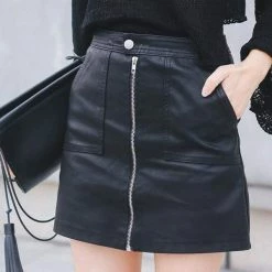 Kinky Cloth Leather Zip Front PU Skirt