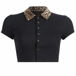 Kinky Cloth Leopard Collar Button Crop Top Top & Tees