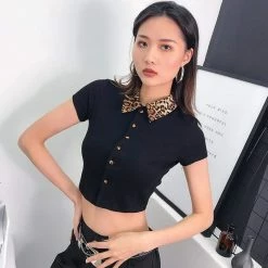 Kinky Cloth Leopard Collar Button Crop Top Top & Tees