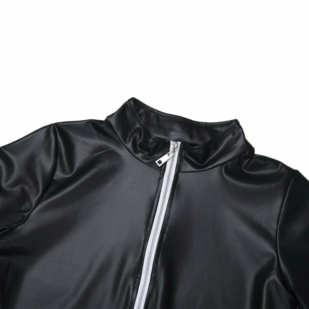 Kinky Cloth Long Sleeve Full Zippered Leather Bodysuit 4 Kinky Cloth Long Sleeve Full Zippered Leather Bodysuit