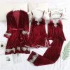 Kinky Cloth Maroon Velvet Lace Pajama Set (4 Piece) Plus Size