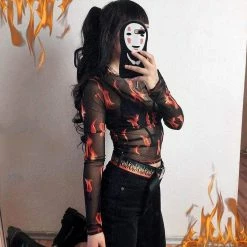 Kinky Cloth Mesh Flame Long Sleeve Crop Top