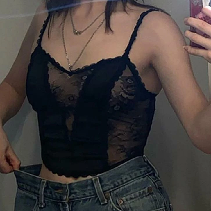 Kinky Cloth Goth Mesh Transparent Patchwork Strap Camis 1 Kinky Cloth Goth Mesh Transparent Patchwork Strap Camis