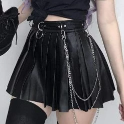 Kinky Cloth Metal Ring Pleated Leather Skirt Goth