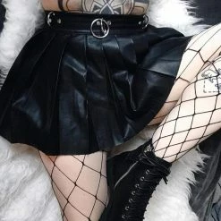 Kinky Cloth Metal Ring Pleated Leather Skirt Goth