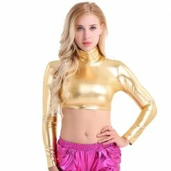 Kinky Cloth Cosplay Metallic Long Sleeve Crop Top