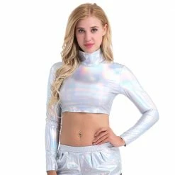 Kinky Cloth Cosplay Metallic Long Sleeve Crop Top