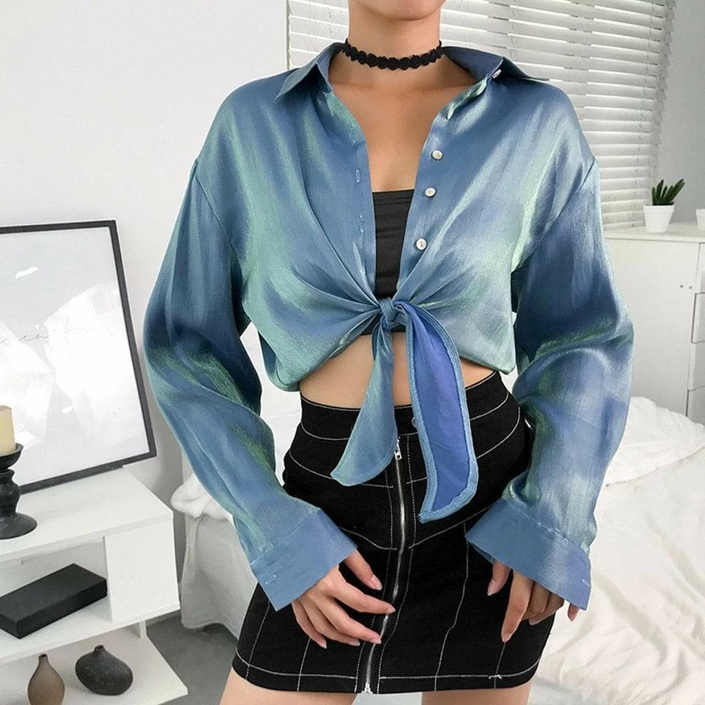 Kinky Cloth Top & Tees Metallic Satin Long Sleeve Top 1 Kinky Cloth Top & Tees Metallic Satin Long Sleeve Top