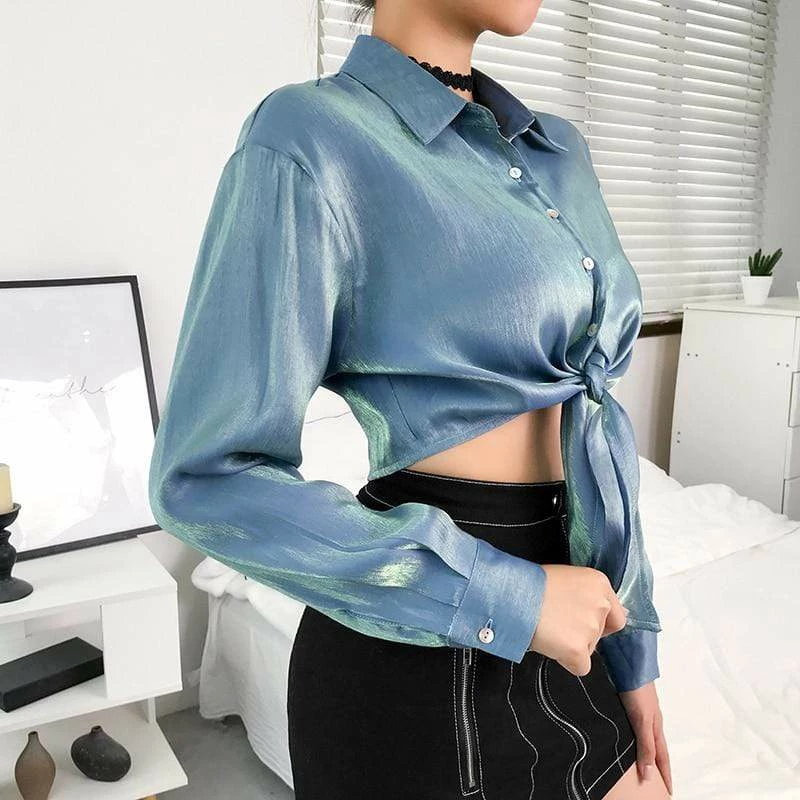 Kinky Cloth Top & Tees Metallic Satin Long Sleeve Top 2 Kinky Cloth Top & Tees Metallic Satin Long Sleeve Top