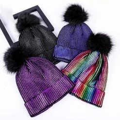 Kinky Cloth Mink Fox Fur Ball Shiny Knitted Beanies Hats
