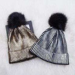 Kinky Cloth Mink Fox Fur Ball Shiny Knitted Beanies Hats