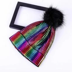 Kinky Cloth Mink Fox Fur Ball Shiny Knitted Beanies Hats