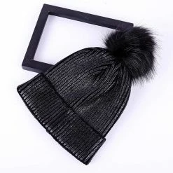 Kinky Cloth Mink Fox Fur Ball Shiny Knitted Beanies Hats
